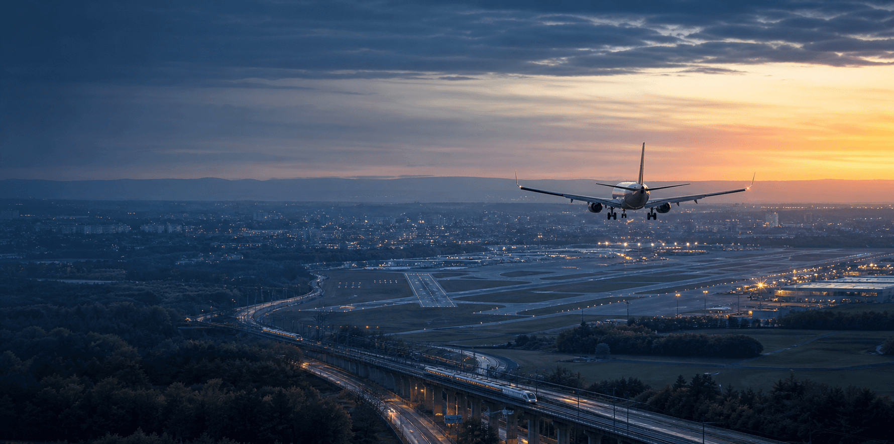 A long haul aircraft approaching a European airport beside an intercity railway at dawn