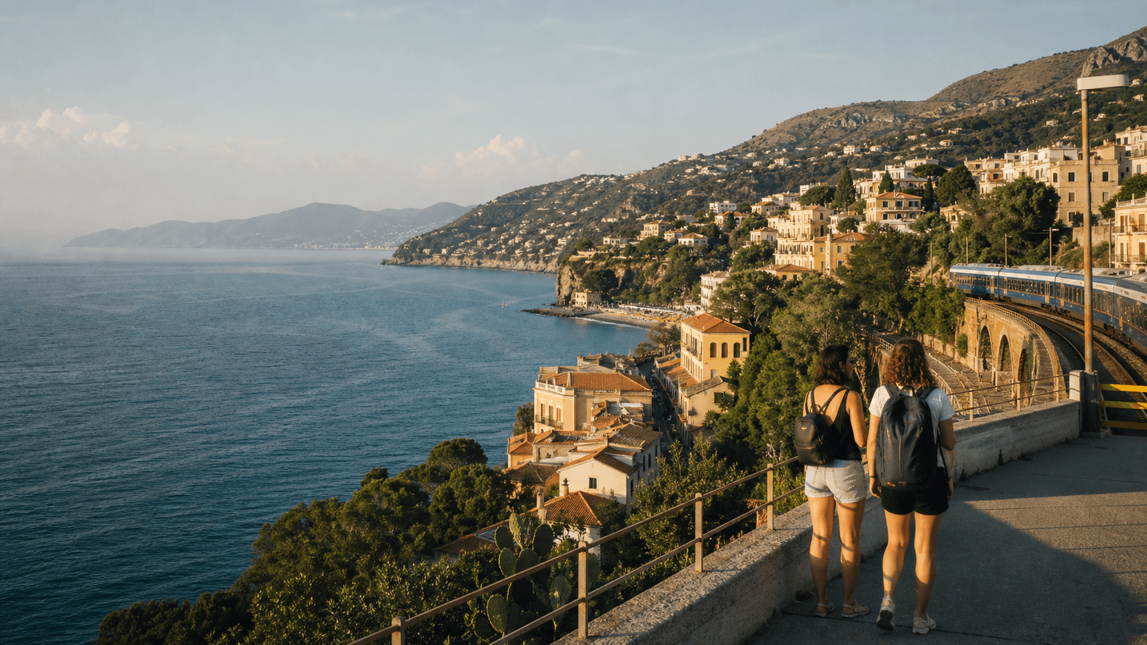 Two travellers overlooking a sunlit Mediterranean coastal town and railway