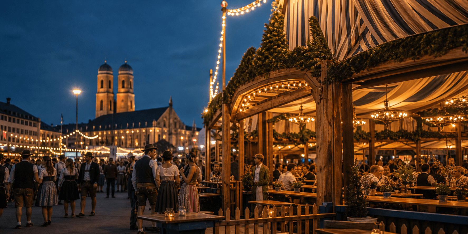 Oktoberfest tents glowing at dusk in Munich